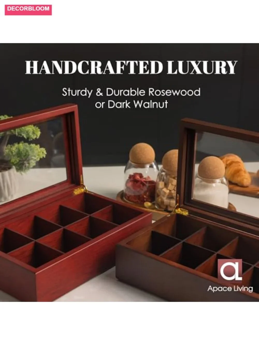 Luxury Wooden Tea Bag Organizer Storage Chest - 8 Compartments